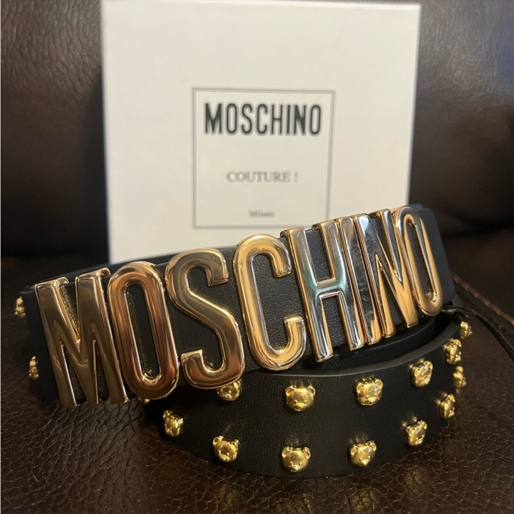 BLOWOUT SALE!!! FINAL!! Moschino
unisex logo teddy bear studed Leather
belt NWT - Picture 3 of 7